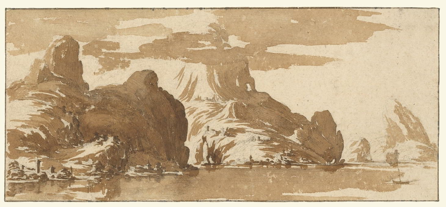 Jacques Callot - A View of Mountains Across a Lake