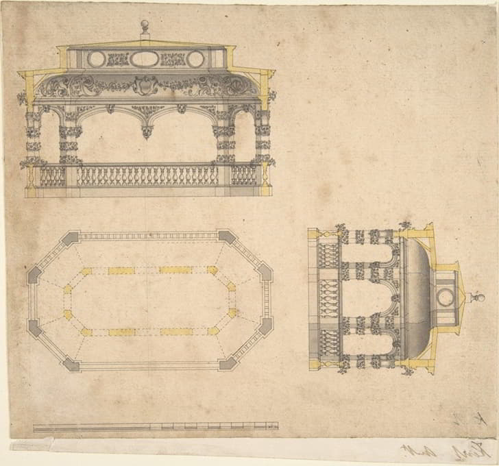 John Vardy - Design for a Bath in the Form of an Elongated Polygonal Temple, Plan and Two Elevations