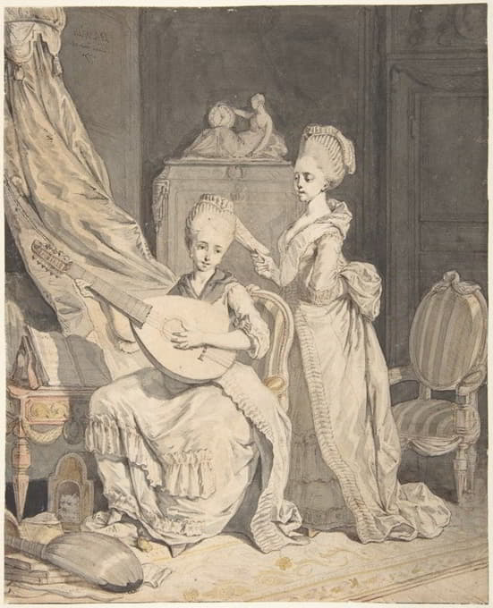 室内优雅的两个女人；由琵琶演奏者伴奏的歌手