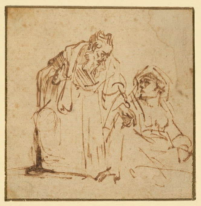 Rembrandt van Rijn - Study of a Man Talking to a Woman Seated on the Left