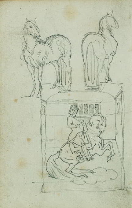 两匹站立的马，一个人骑着一匹饲养的马