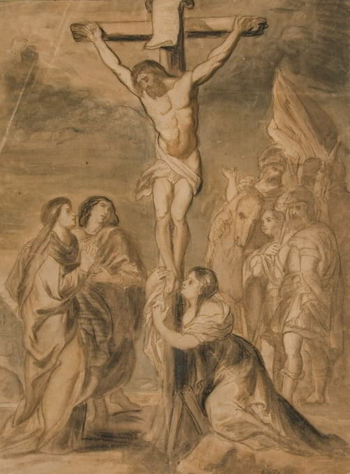 基督站在十字架上，周围是圣母和圣徒