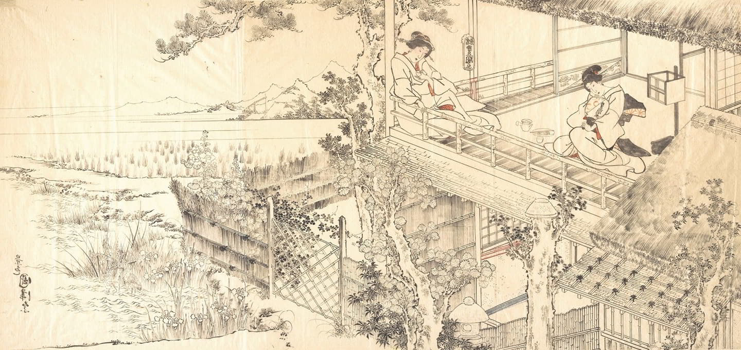 Utagawa Kunisada - Two Courtesans Enjoying the View from a Teahouse