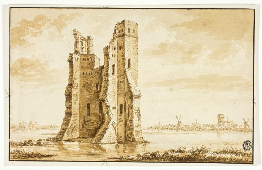 Abraham Rademaker - Ruins of the Merwede Manor seen from the Front with Dordrecht in the Background
