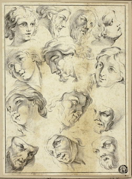 After Abraham Bloemaert - 13 Sketches of Various Faces