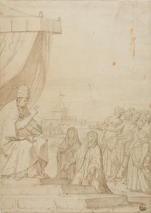 教皇在萨蒂尔面前为两名妇女祝福，并以圣安杰洛城堡为背景召集妇女