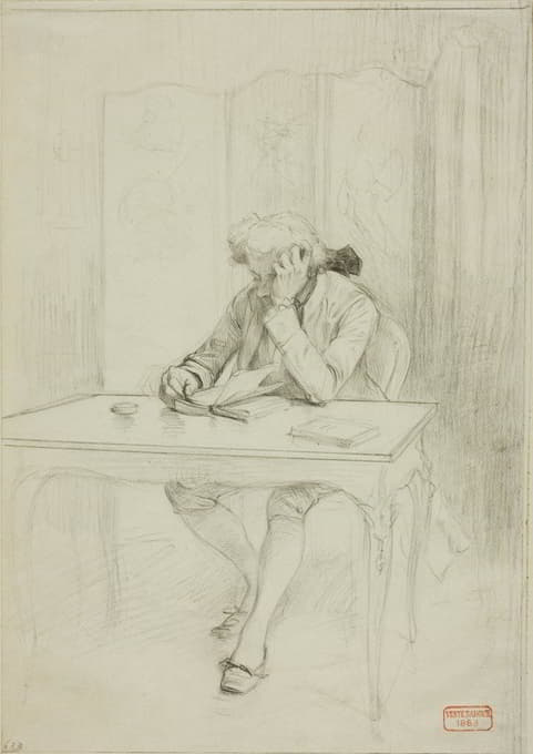 穿着十八世纪服装的男人，坐在桌子旁看书