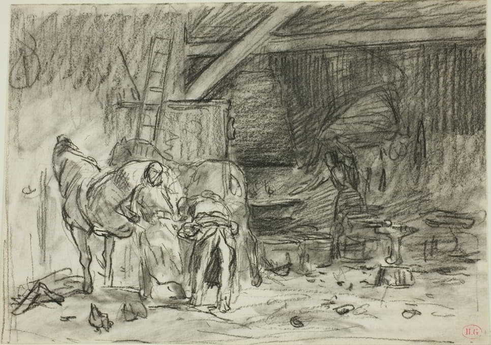 Charles Emile Jacque - Interior of a Blacksmith’s Shop