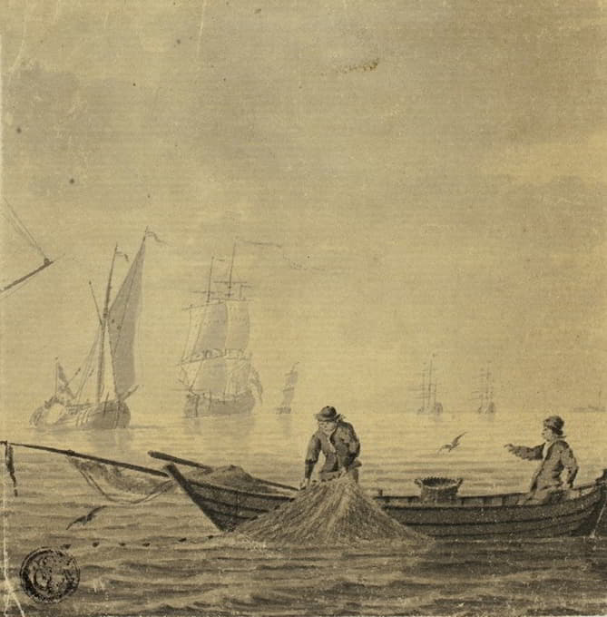 Cornelis Ouboter van der Grient - Fishermen Pulling in Net on a Boat