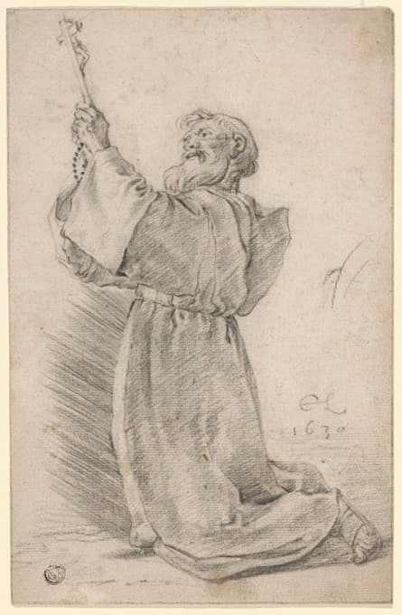 Cornelis Saftleven - Kneeling Monk Holding a Crucifix