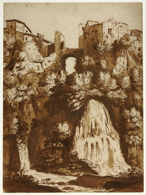 Tivoli与Anio瀑布上的桥梁的视图