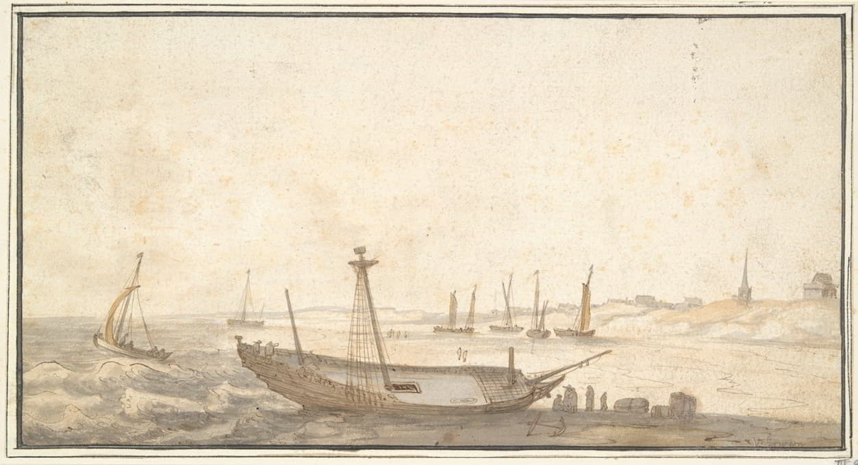 Abraham de Verwer - Beach with Ships near Scheveningen