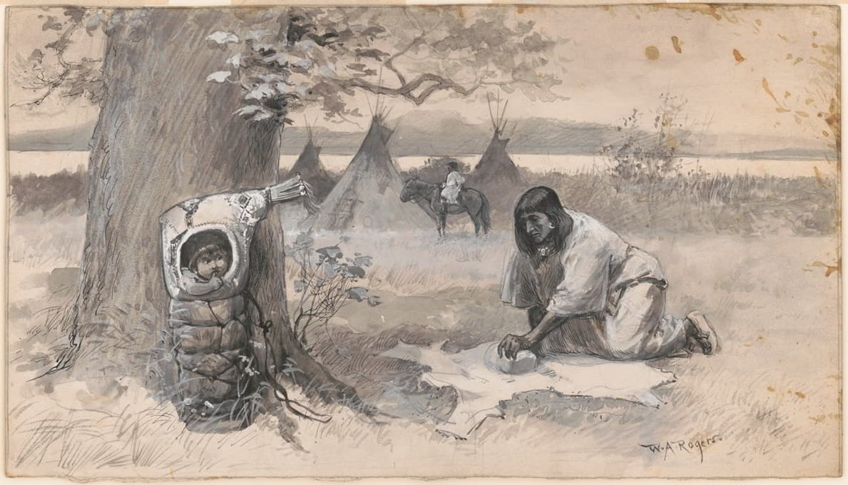 William Allen Rogers - Indian mother and baby-wigwam