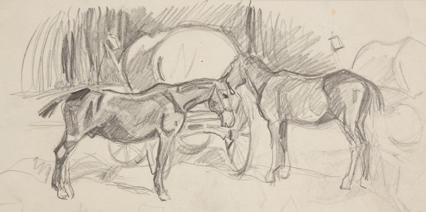Ivan Ivanec - Dwa konie stojące przed wozem – szkic