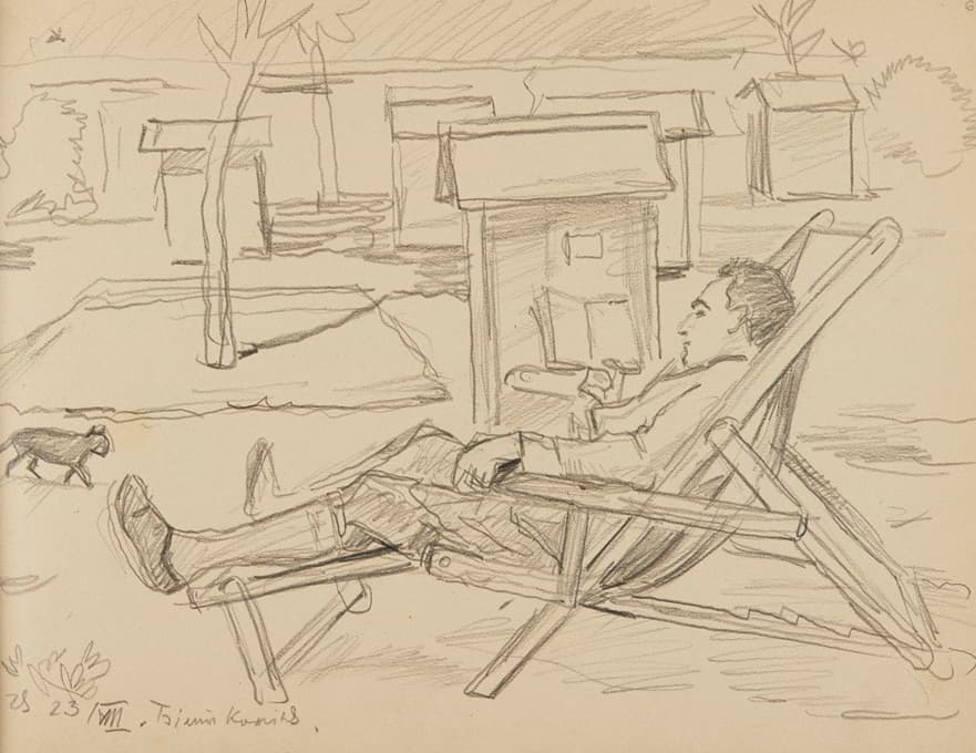 一个男人穿着腰带坐在小巷里的帆布床上。