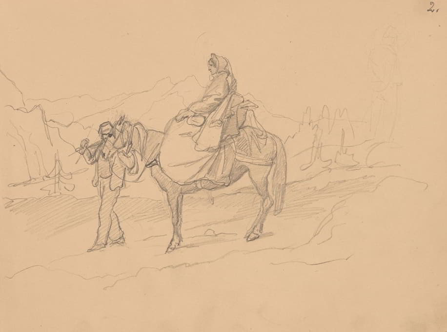 一名妇女骑在一名男子牵着的一匹马上