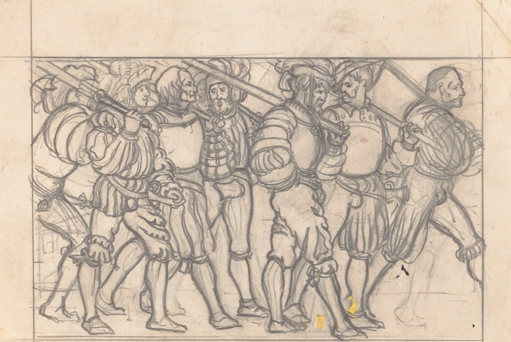 斯克里布纳杂志封面的平面设计，中世纪节日主题。画中的男人穿着中世纪的衣服和物品，走向右边