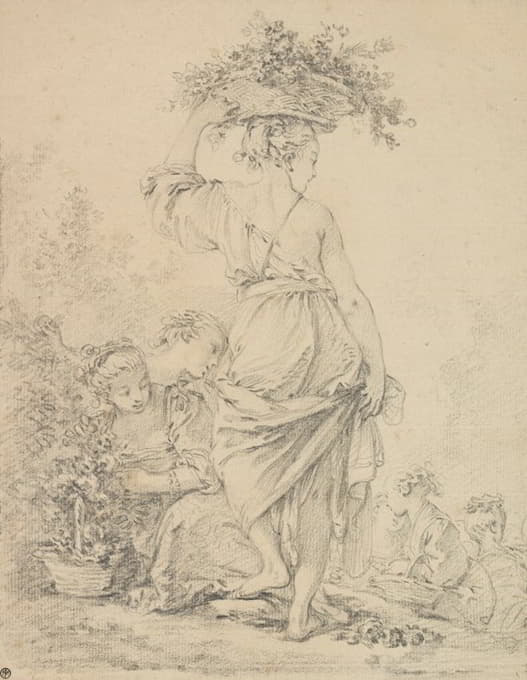 一位站着的年轻女子和其他人正在采花（‘La Jardinière’）