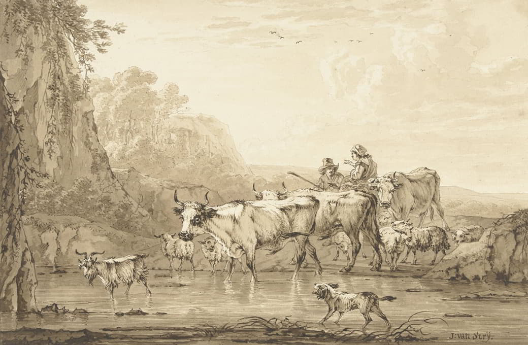 一个牧羊人和一个牧羊人在池塘边养着牛羊