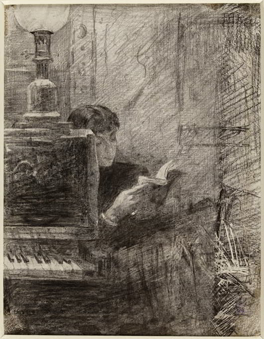 坐在钢琴边看书的女人
