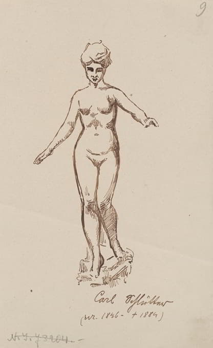 裸体女人。基于卡尔·施吕特雕塑的素描