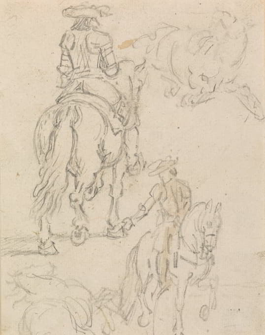 一个身穿盔甲的骑手，两匹马躺着