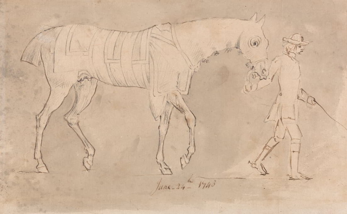1743年6月24日，新郎牵着一匹赛马，头戴风帽，穿着毛衣