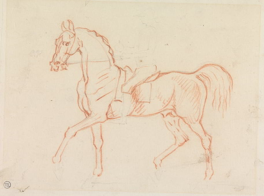 马，轻轻地画着骑手的草图，向左走