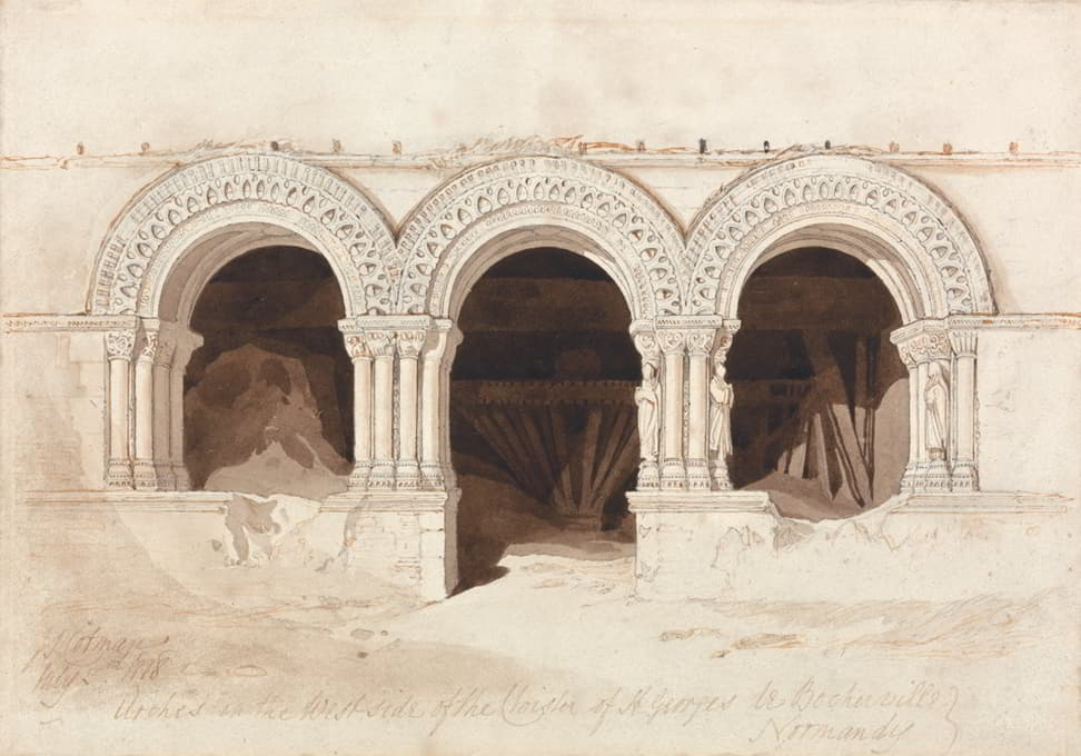 圣修道院西侧的拱门。诺曼底鲁昂附近的乔治·德·波谢尔维尔