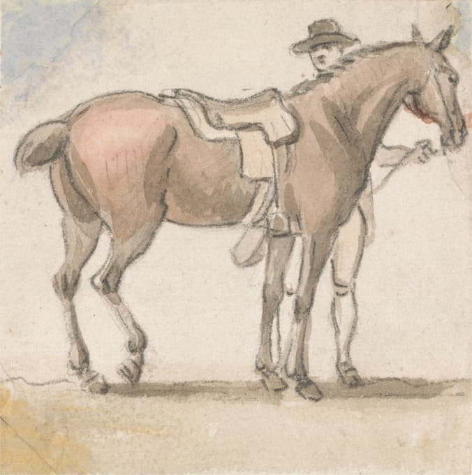 一个人和一匹备好鞍的马