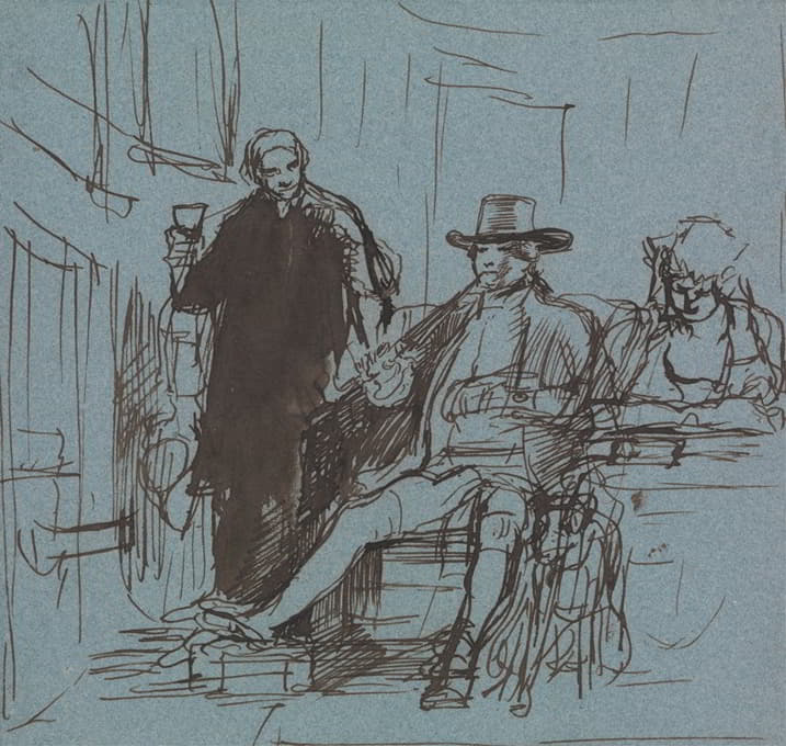 洛克船长和他的女儿坐在一张桌子旁；一个男管家站在他旁边