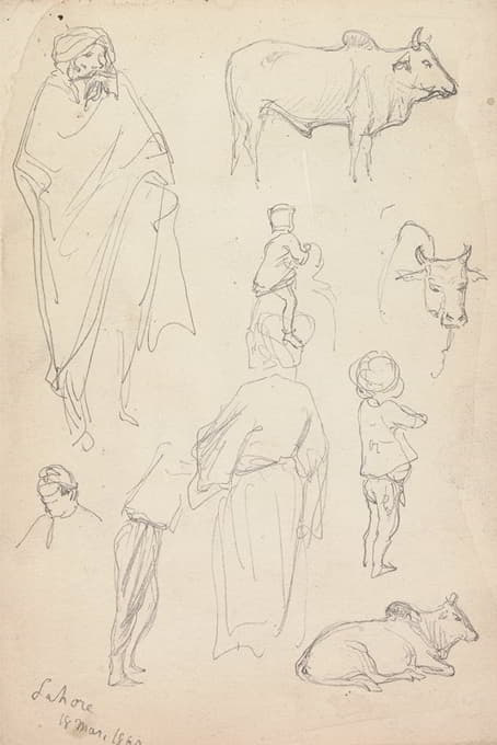 William Simpson - Sketches of Standing Figures and Bulls, Lahore