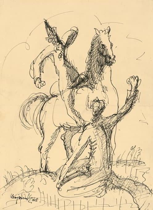 两个小丑牵着一匹马