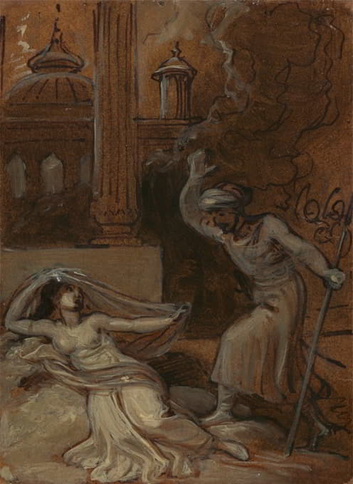 Robert Smirke - Illustration for an Eastern Romance, possibly ‘The Arabian Nights’ (with female figure reclining at left)