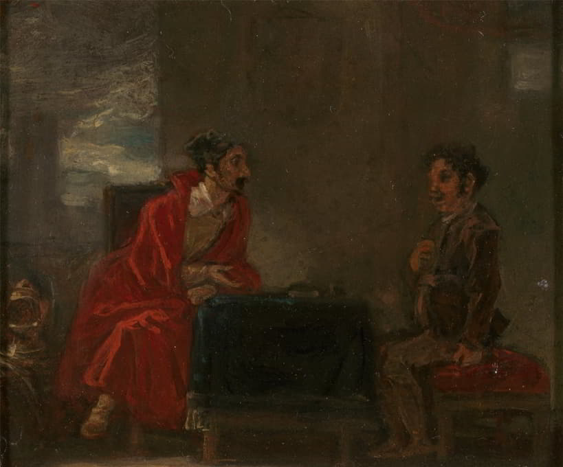 唐吉诃德的插图，两个人在一张桌子上
