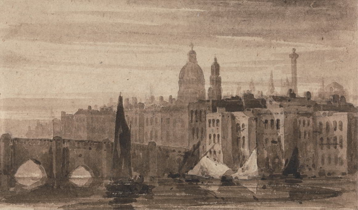 David Cox - Old London Bridge and St. Paul’s Cathedral From the Thames