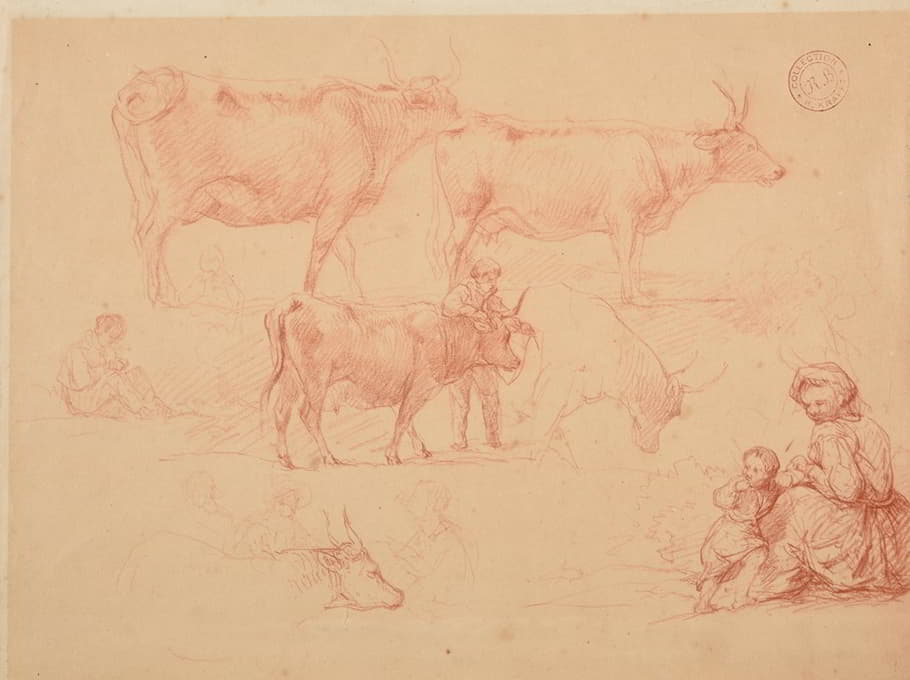 Jacques-Raymond Brascassat - Études de jeune garçon appuyé sur un bœuf, de bœufs et de femme avec enfant
