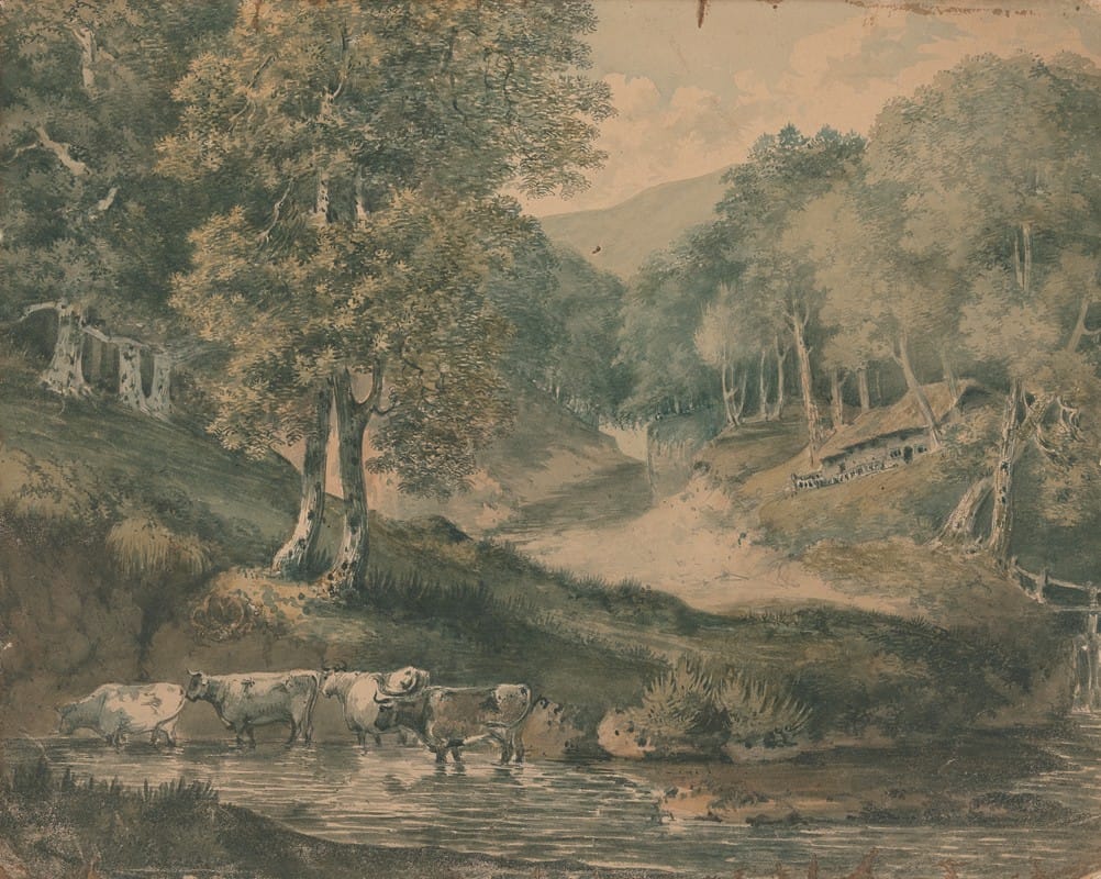 Rev. William Warren Porter - Landscape Study of Cattle in a Pool with a Cottage on a Hill