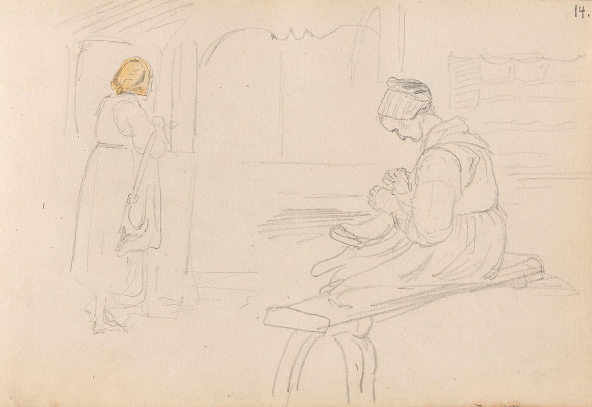 Adolph Tidemand - Kvinnefigur ved bygning; kvinne med håndarbeid