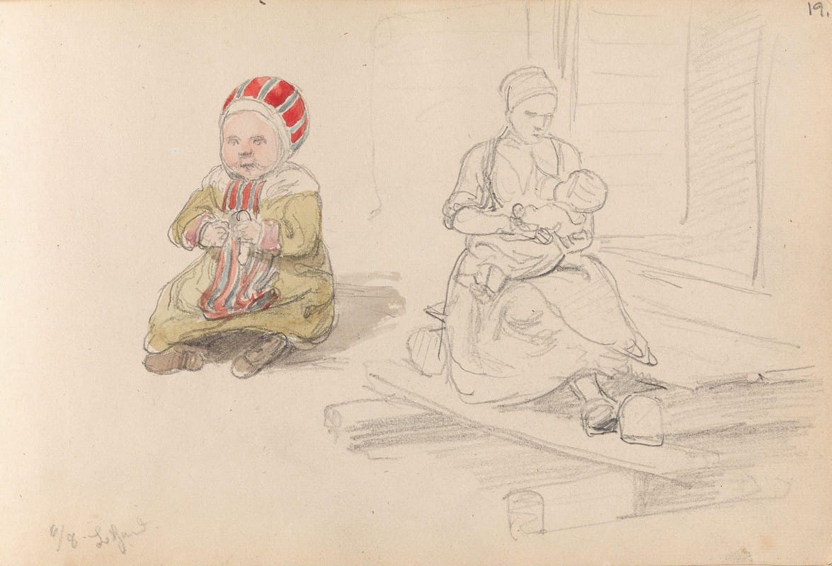Adolph Tidemand - Sittende barn; mor som ammer sitt barn, Leksand