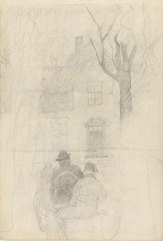 Christian Krohg - To figurer i karjol, hus og trær i bakgrunnen