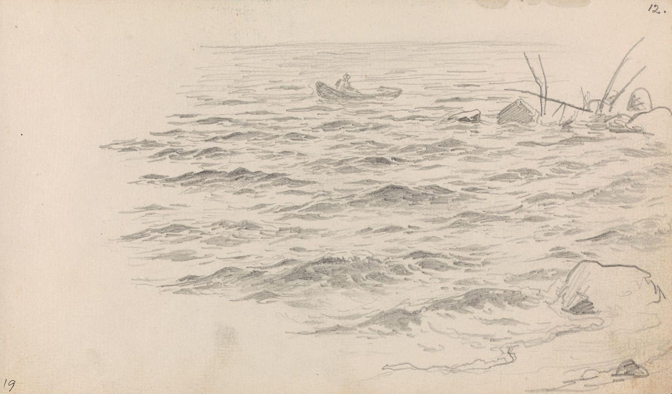 Hans Gude - Båt med figur og drivved ved kysten
