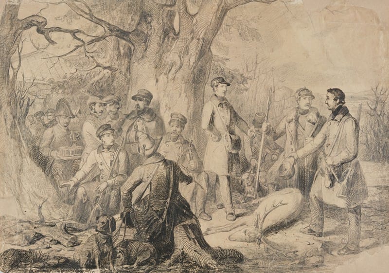 Johann Baptist Kirner - Grand ducal hunting party with shot deer (preparatory sketch)