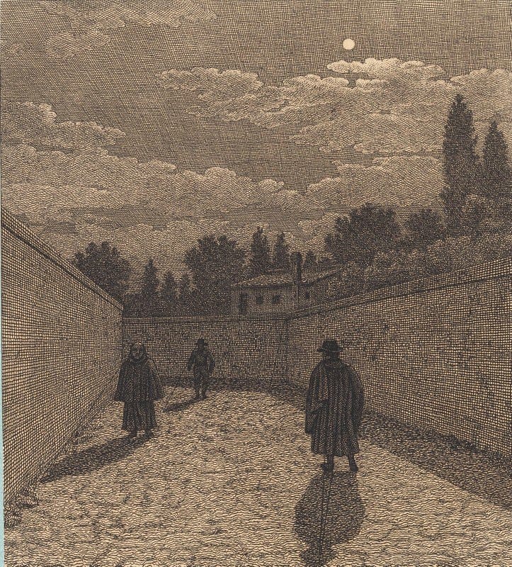 Christoffer Wilhelm Eckersberg - Måneskin over en vej med tre figurer. Illustration til ‘Linearperspectiven’, Tavle IV