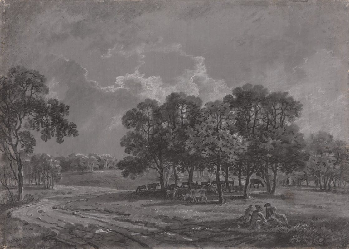 George Barret - Park Scene with Deer, Cattle, and a Group of Figures