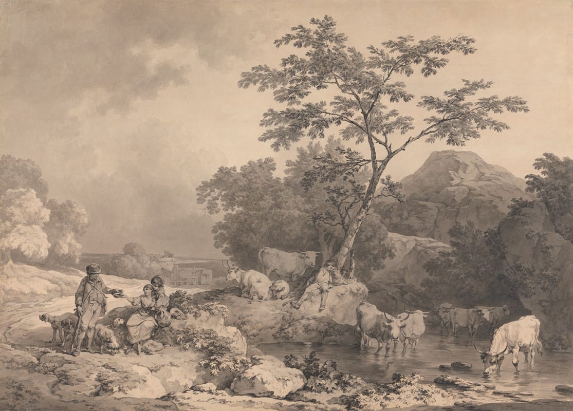 Philippe-Jacques de Loutherbourg - Figures by a stream with cattle watering