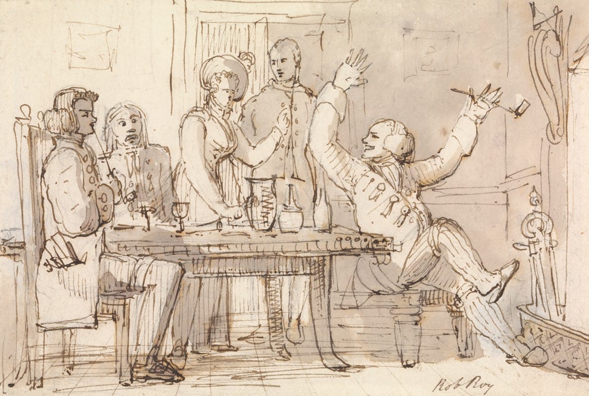William Henry Pyne - An Illustration to Rob Roy; Interior with a Party Drinking