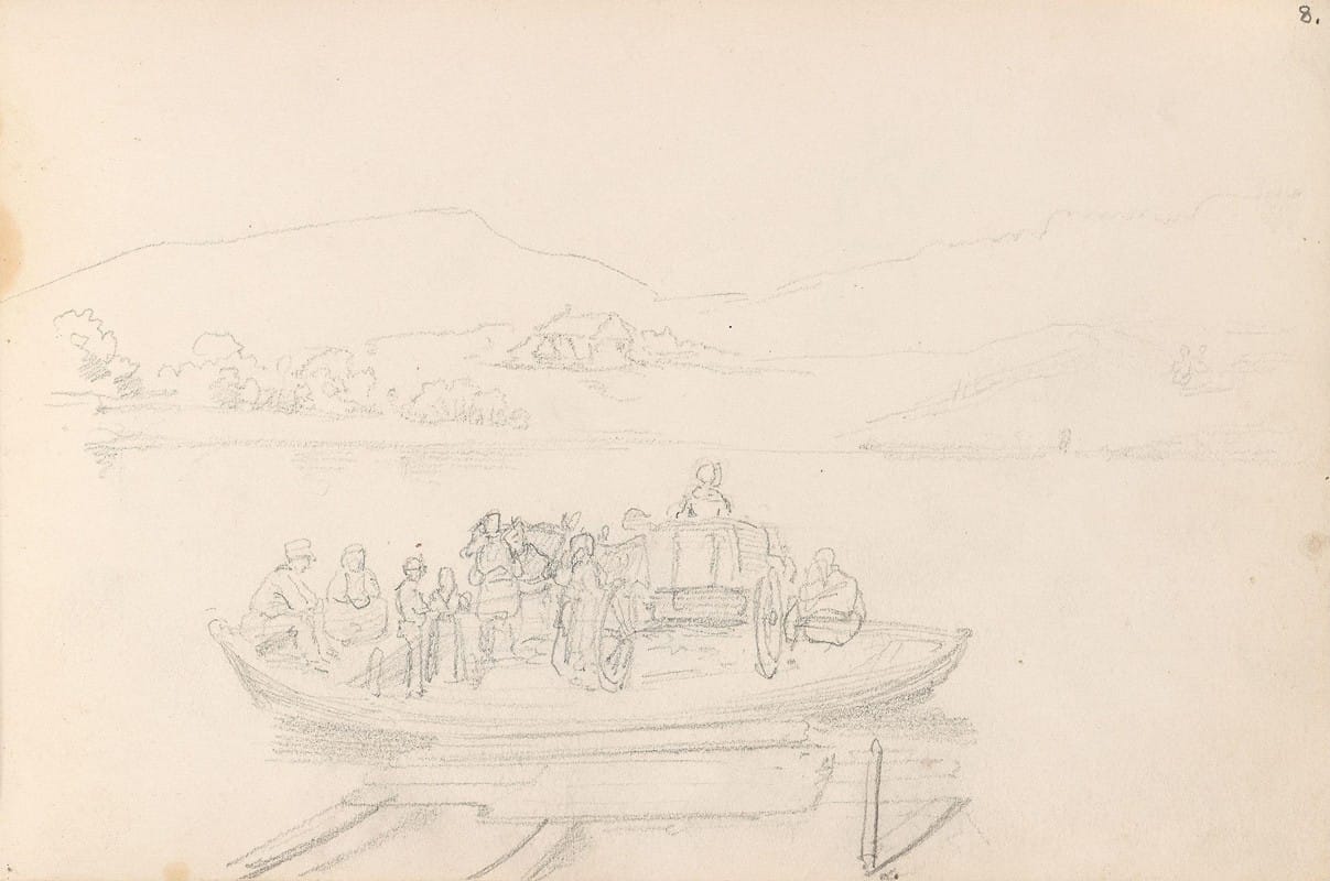 Adolph Tidemand - Båt med hest, vogn og figurer, Vormsund