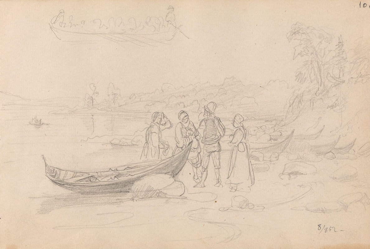 Adolph Tidemand - Figurer og båt på stranden, Leksand