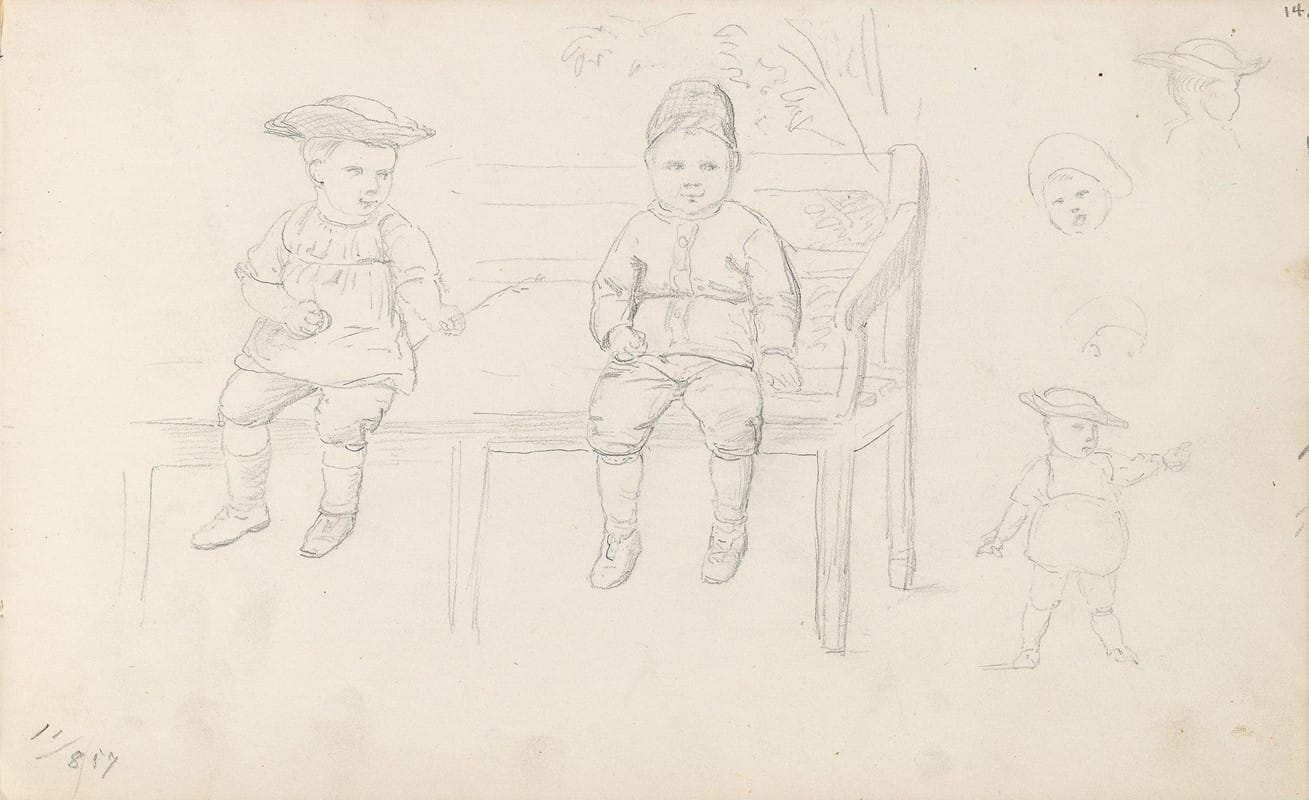 Adolph Tidemand - To guttebarn på en benk; barnestudier